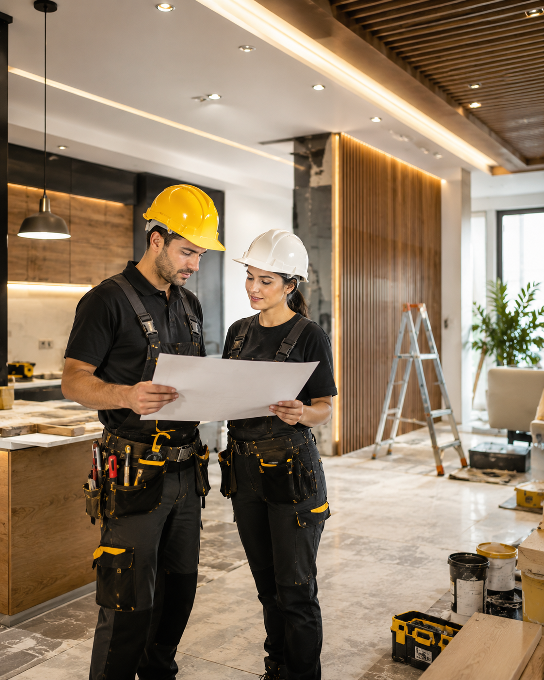 Equipo profesional HOMEFIX revisando planos de construcción