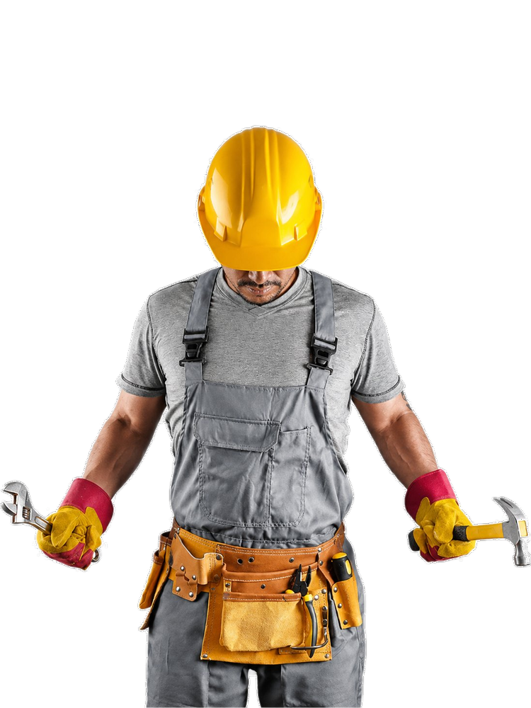 Trabajador HOMEFIX con casco amarillo, cinturón de herramientas, llave y martillo